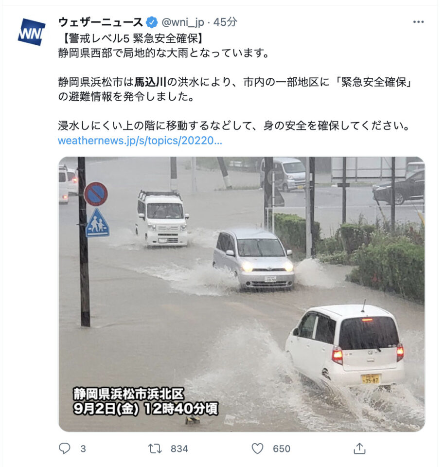 【動画】静岡県馬込川が大雨で氾濫洪水の危険